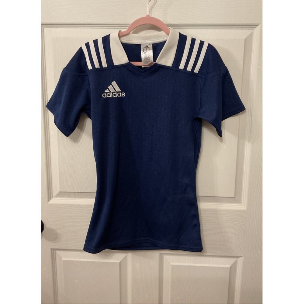 NWT adidas Mens Performance Climalite 3 Stripes Fitted Blue/White Rugby Jersey,M
